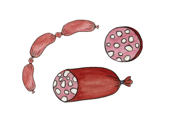 Rote Wurst und Würstchen. Kinderaquarell-Illustration — Stockfoto