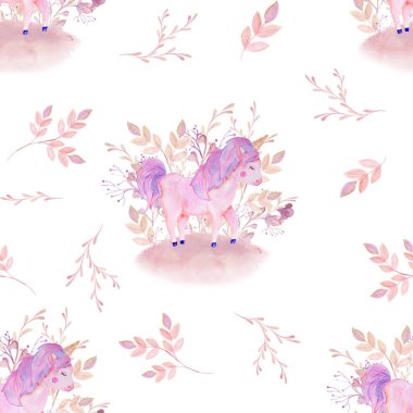 kusursuz desenli pembe tek boynuzlu at ve çiçekler suluboya