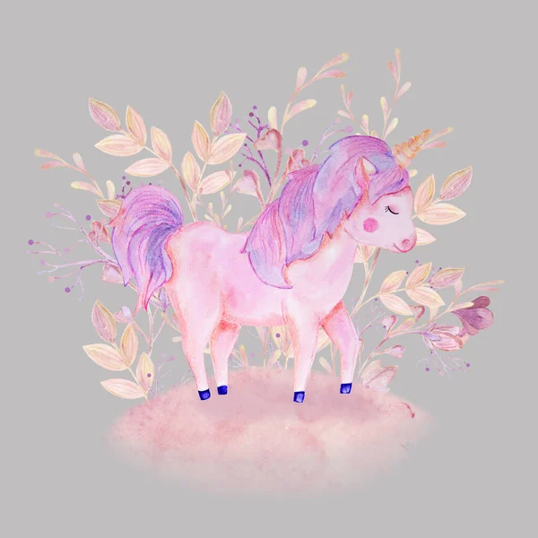 Acquerello rosa, composizione unicorno lilla con fiori — Foto Stock