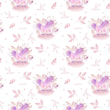 suluboya desensiz pembe tek boynuzlu at ve çiçekler