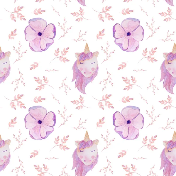 Acuarela patrón inconsútil unicornio rosa y flores —  Fotos de Stock