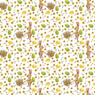 Yumurta sepeti olan paskalya tavşanları. Sarı tavukların çocuk çizimi. Beyaz arka plana karşı kır çiçekleri. Acapel çizimi