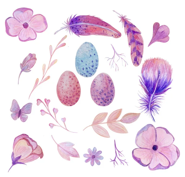 Ostern Aquarell Set Mit Eiern Federn Und Blumen Lila Rosa — Stockfoto