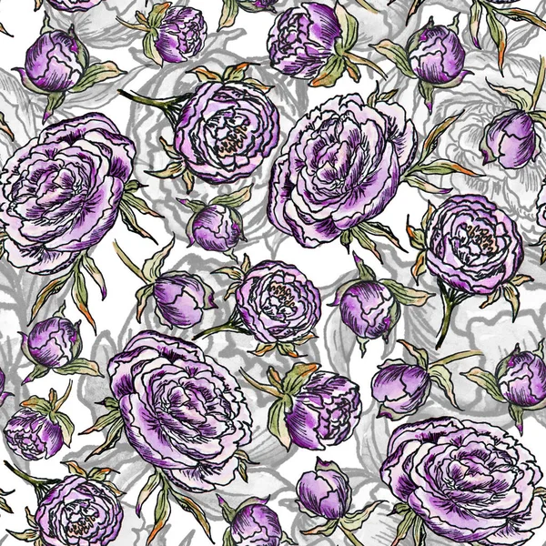 watercolor seamless pattern lilac peonies with buds 