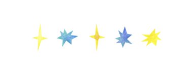 Beyaz arkaplanda sarı ve mavi yıldız pankartı.