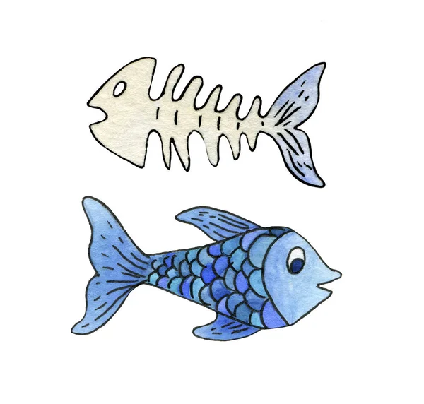 Seth blå fisk och fiskskelett. Barnens akvarell illustration — Stockfoto