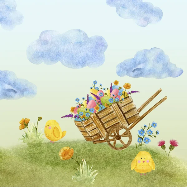 Tarjeta de Pascua en acuarela, carrito con huevos y flores silvestres. —  Fotos de Stock