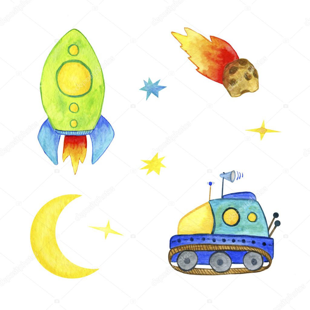Seth space transport. Rocket and moon rover on a white background. Childrens watercolor illustration. space travel and exploration.