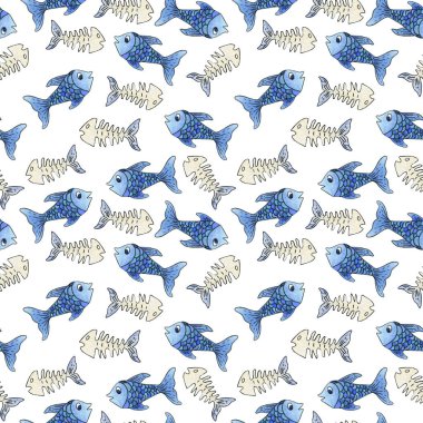 Mavi balık ve balık iskeleti deseni. Çocuklar suluboya resimleme