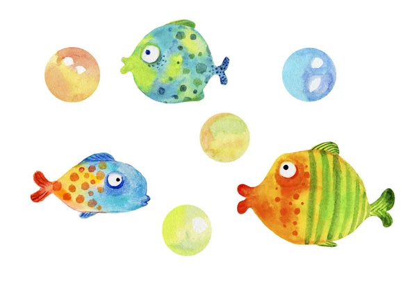 Definir Brilhante Aquário Peixes Marinhos Com Bolhas Ilustração Infantil Clipart — Fotografia de Stock