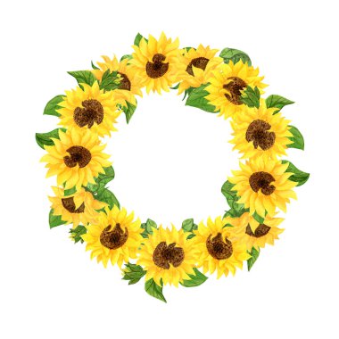 Yeşil yapraklı sarı ayçiçeklerinin dekoratif çerçevesi. Düğün kaydı ve tatil davetiyesi.. 