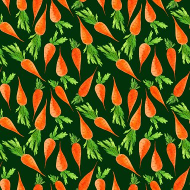 Kusursuz desenli turuncu, üstünde yeşil bir arka plan olan suluboya havuç..