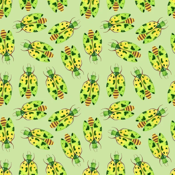 Seamless pattern abstract, spring, green beetles with spots for festive decoration and design. — Stock Photo, Image
