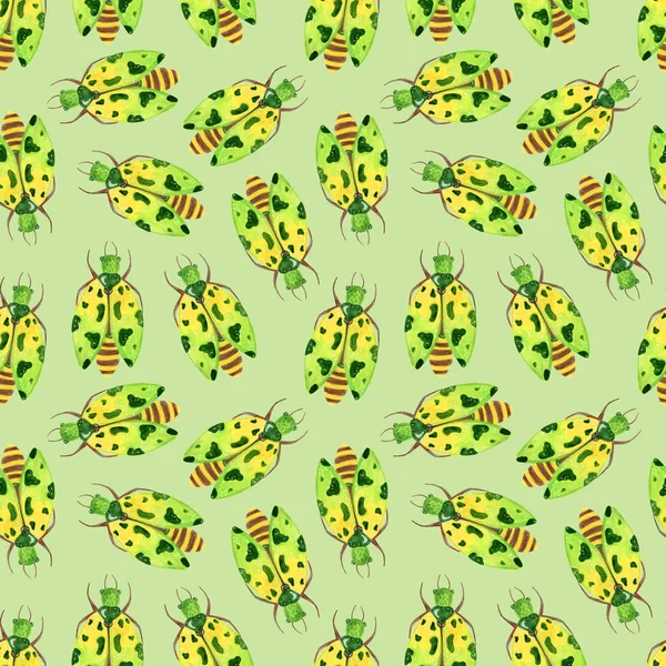 Seamless pattern abstract, spring, green beetles with spots for festive decoration and design.