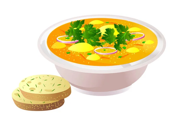 Tazón de cerámica de sopa con pan — Vector de stock