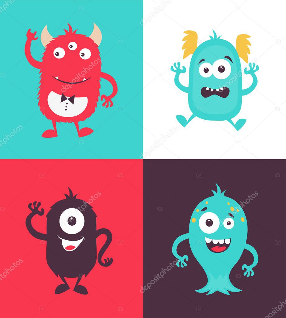 Cartoon Monsters collection. Vector set of cartoon monsters isolated. Design for print, party decoration, t-shirt, illustration, logo, emblem or sticker