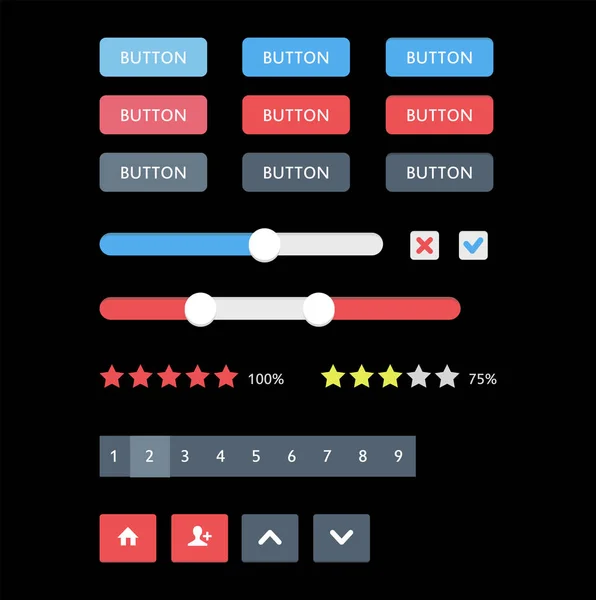 Webové uživatelské rozhraní prvky. Tlačítka, přepínače, bary, napájení tlačítka, posuvníky. — Stockový vektor