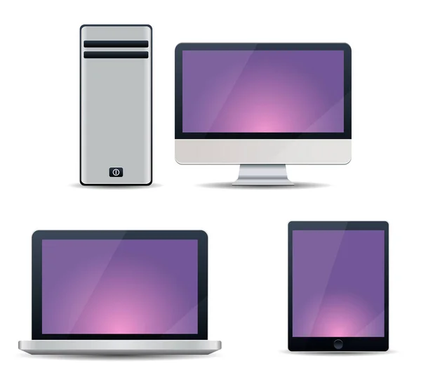 Dispositivos eletrônicos com telas roxas - computador desktop, laptop, tablet — Vetor de Stock