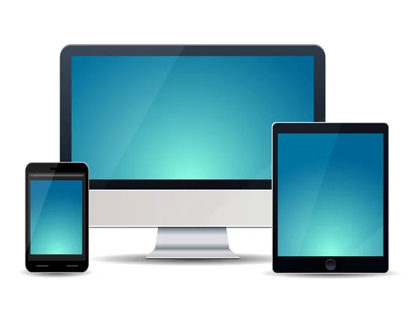 Appareils électroniques avec écrans violets ordinateur de bureau, ordinateur portable, tablette, mobile — Image vectorielle