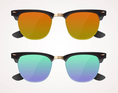 İzole güneş gözlüğü ve gözlük wayfarer şekli, kahverengi ve mavi lens, dizi