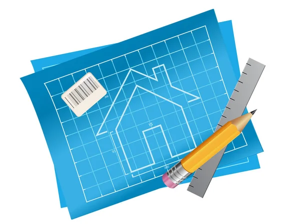 Plano de la casa del apartamento con vista frontal, regla y lápiz — Vector de stock