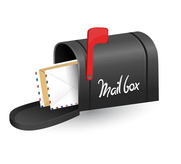 Mailboxe with a opened door, a raised flag and letters inside. — Stock Vector