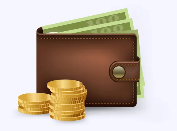 Brun plånbok med gröna papper pengar. Plånbok med pengar dollar sedel platt design isolerad, ikonen vektor pengar ikonen vektor — Stock vektor