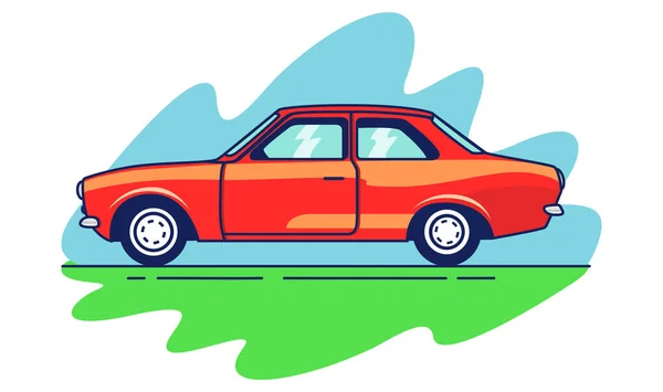 American 70s cartoon muscle car (en inglés). Vector rojo retro estilo coche ilustración . Ilustraciones de stock libres de derechos