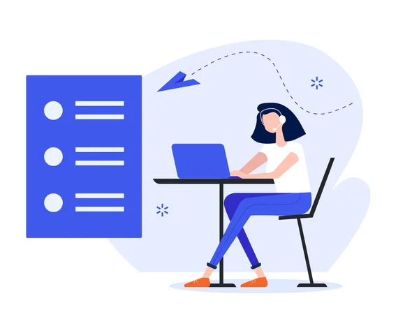 Flicka i hörlurar sitter framför en bärbar dator. Online-hjälp, utbildning, callcenter, heta linjen, konsulttjänster. Royaltyfria Stockvektorer