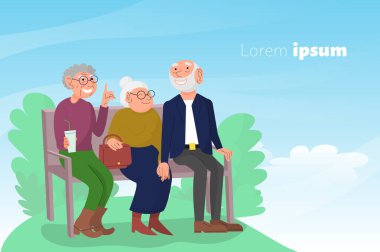 Üç eski dost parkta bankta oturuyor, mutlu yaşlı insanlar enj