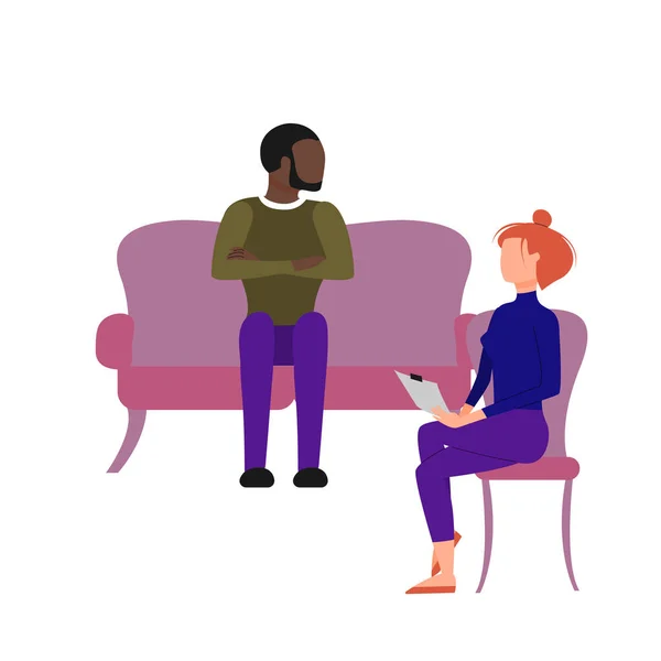 Scene of caucasian female therapist consulting black male patient. Flat style stock vector illustration — Stock Vector