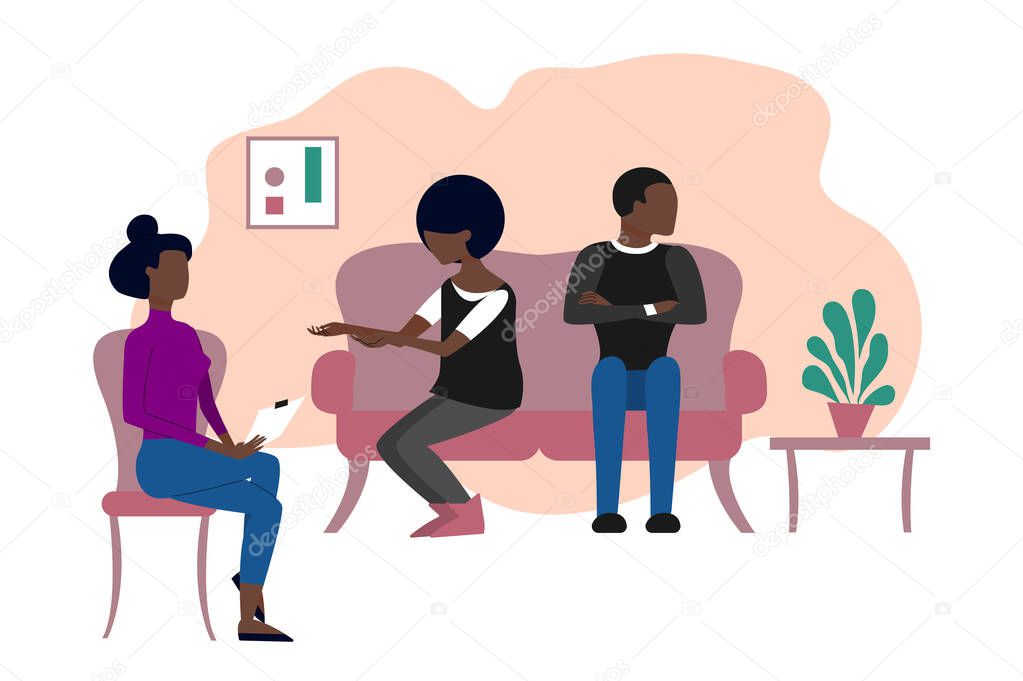 Married black couple having therapeutical meeting at psychologist office. Flat style stock vector illustration