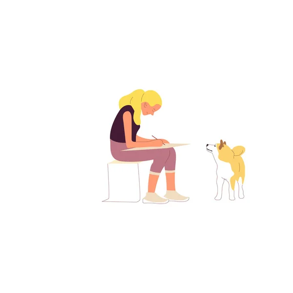 Ragazza è seduta con un cane shiba inu all'aperto e disegno . — Vettoriale Stock