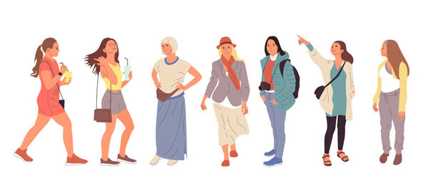 Set of different people characters in casual outfit. Crowd of girls in different poses, walking, standing outdoors. Isolated on white. 