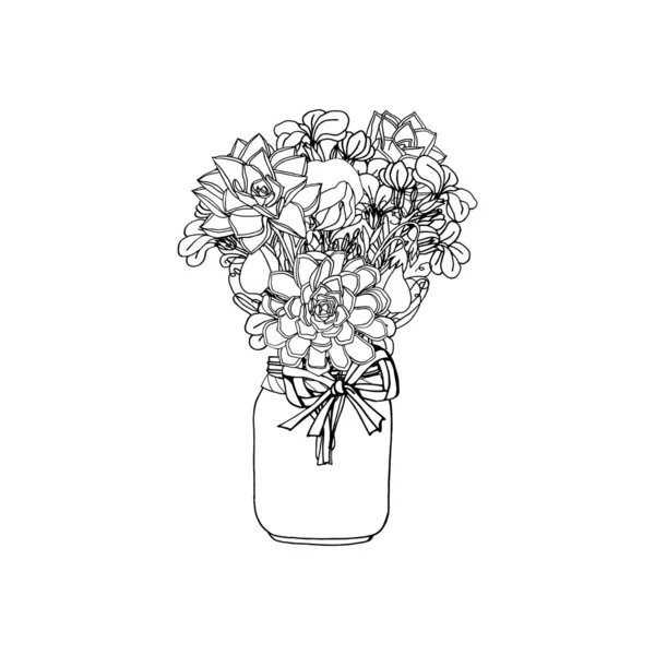 Handgezeichnetes Doodle-Bouquet aus verschiedenen Blumen, Sukkulente, Suppenblume, Erbse — Stockvektor