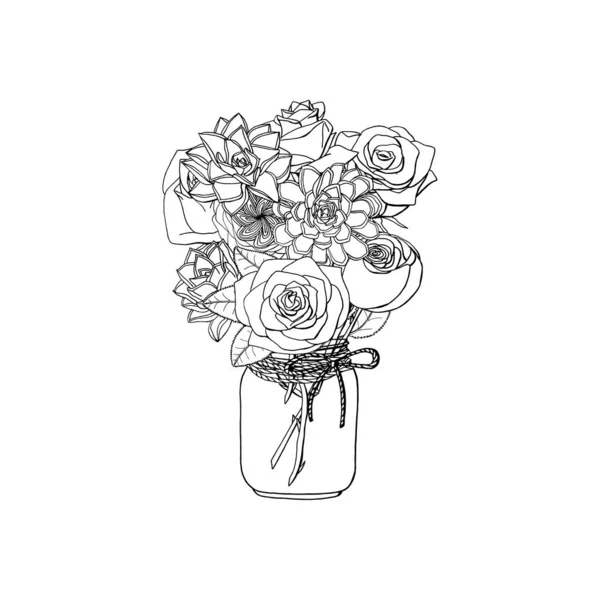 Buquê de estilo doodle desenhado à mão de diferentes flores, rosas, suculentas —  Vetores de Stock