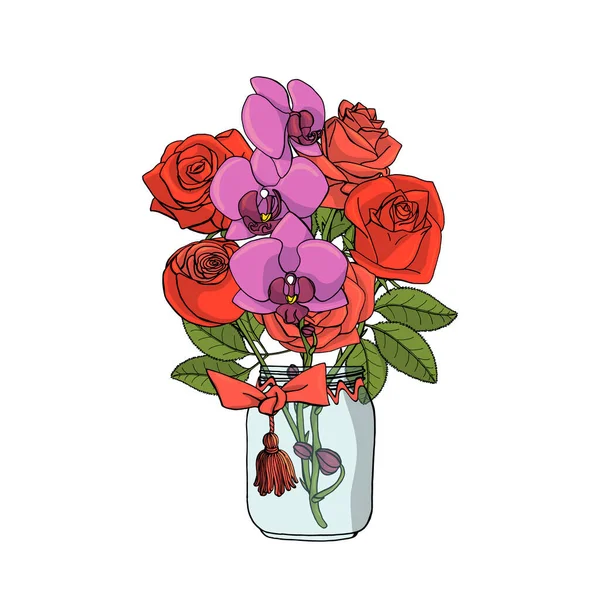 Handritad doodle stil bukett av röda rosor och violetta orkidéer. Isolerad på vit bakgrund. Illustration av lagervektor — Stock vektor