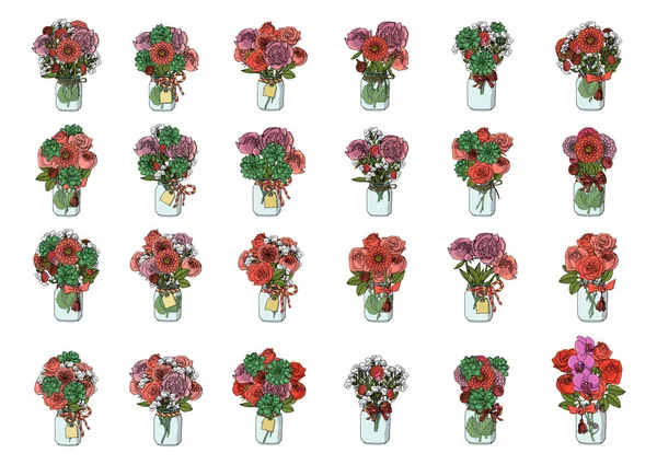 Handgetekende collectie van doodle stijl boeketten van bloemen. Rozen, pioen, sappig, orchidee, dahlia — Stockvector