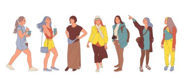 Sıradan giyinmiş bir grup farklı insan karakteri. Farklı pozlarda, yürüyen, dışarıda duran bir sürü kız. Beyazda izole edilmiş. Düz stil çizgi film stok vektör çizimi