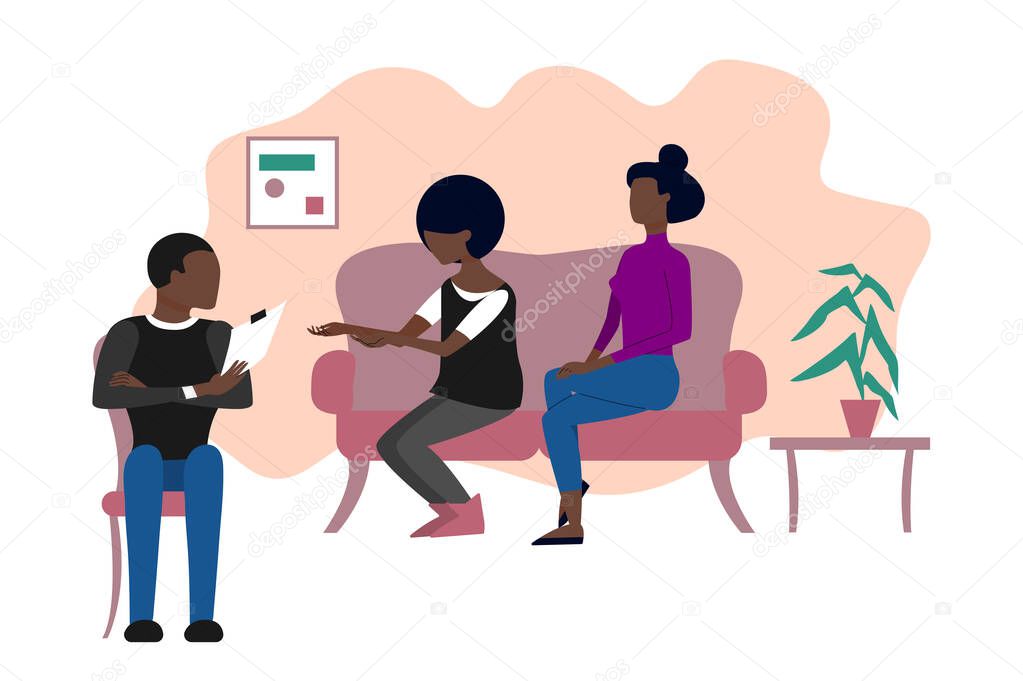 Married black couple of two women having therapeutical meeting at psychologist office. Flat style stock vector illustration