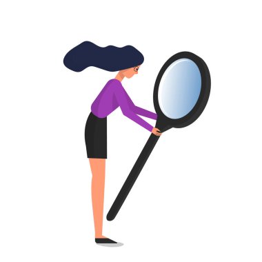 Elinde kocaman bir büyüteç tutan kadın. Beyaz arkaplanda izole