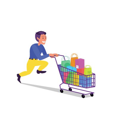 Kafkasyalı yetişkin bir adam alışveriş arabasıyla koşuyor.