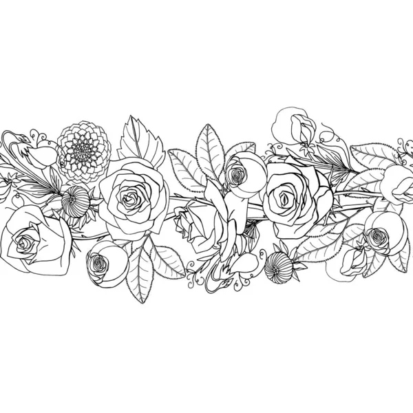 Hand drawn doodle style rustic bouquet seamless brush. Endless f — Stock vektor