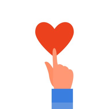 Kafkas insan eli, kırmızı kalbe parmağıyla dokunuyor. Beyaz arka planda izole edilmiş. Düz biçim stok vektörü