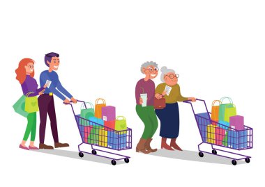 Kafkasyalı yetişkin ve emekli çiftler alışveriş arabalarıyla dolaşıyorlar. Gülümseyen adam ve kadın dükkanda. Düz stil stok vektör çizimi, beyaz arkaplanda izole