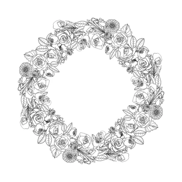 Couronne florale rustique de style gribouille monochrome dessinée à la main. Décoration de mariage Boho. Isolé sur fond blanc. Illustration vectorielle de stock — Image vectorielle