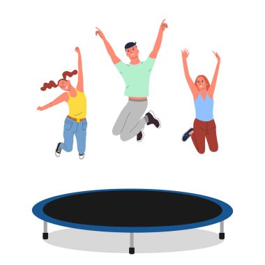 Trambolinde zıplayan gülümseyen üç genç insan. Beyaz arka planda izole edilmiş. Düz biçim stok vektörü.