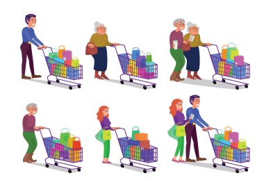 Kafkasyalı yetişkin ve emekli çiftler alışveriş arabalarıyla dolaşıyorlar. Gülümseyen adam ve kadın dükkanda. Düz stil stok vektör çizimi, beyaz arkaplanda izole
