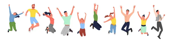 Multitud de jóvenes felices sonriendo en poses de salto. Aislado sobre fondo blanco. Estilo plano vector de stock . — Vector de stock