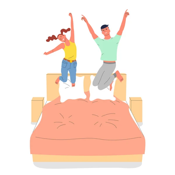 Usmívající se pár šťastných chlapů a děvčat skáčou na postel. Isola — Stockový vektor
